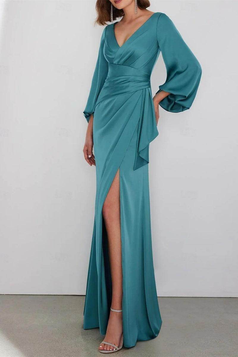 A Line Floor Length Long Sleeve V Neck Mother Dresses CM0362CR - COCOMELODY